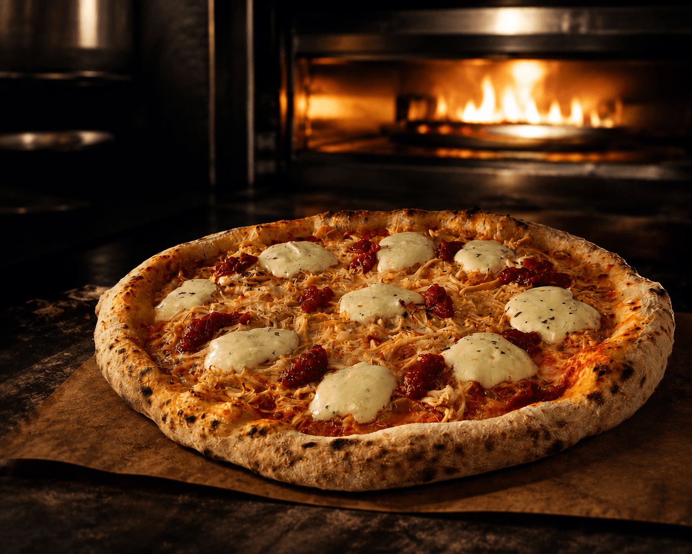 Pizza Creamy Chicken da Motzi diante do forno, com frango temperado, muçarela de búfala, geleia de tomate-cereja e borda dourada.