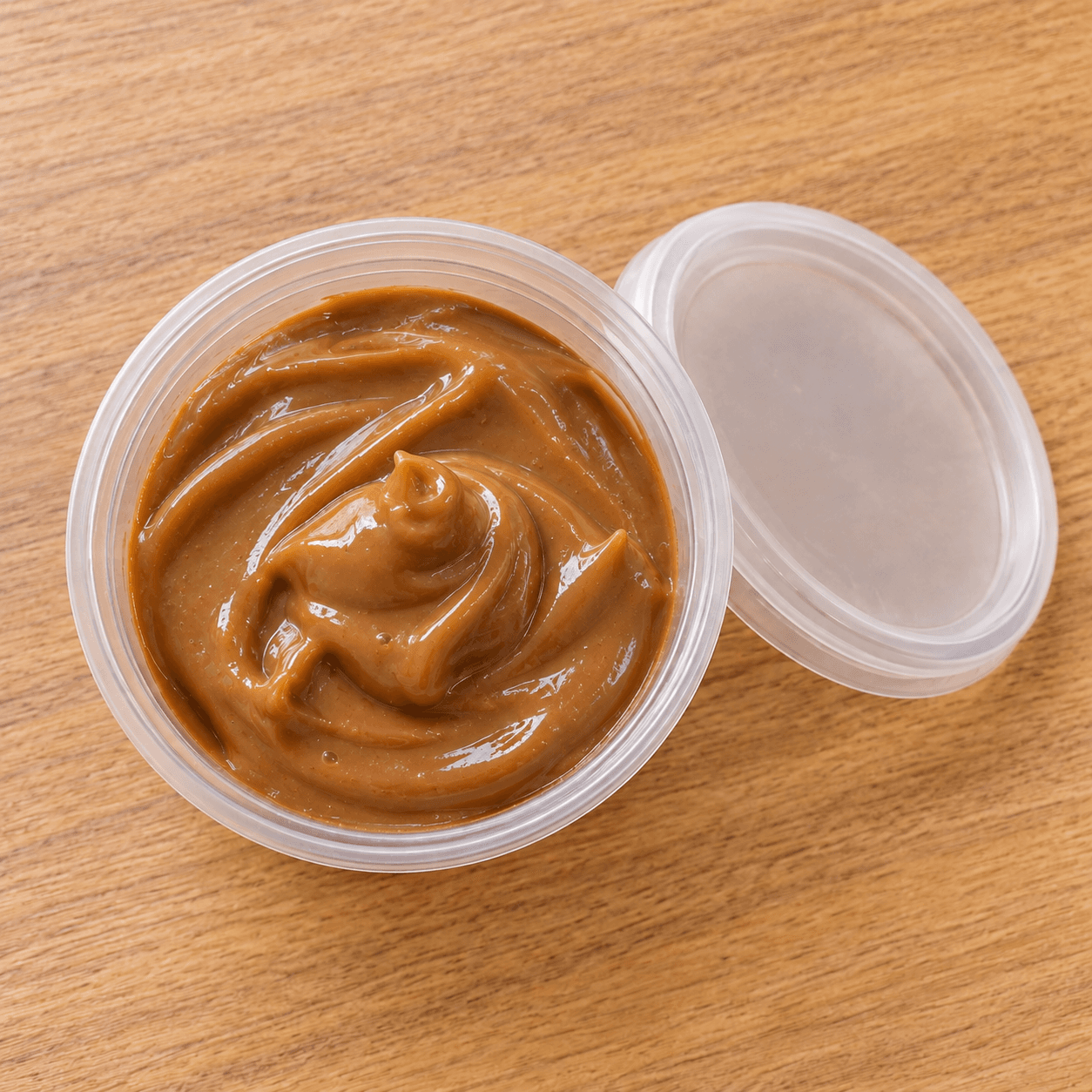 Doce de leite em pote transparente.