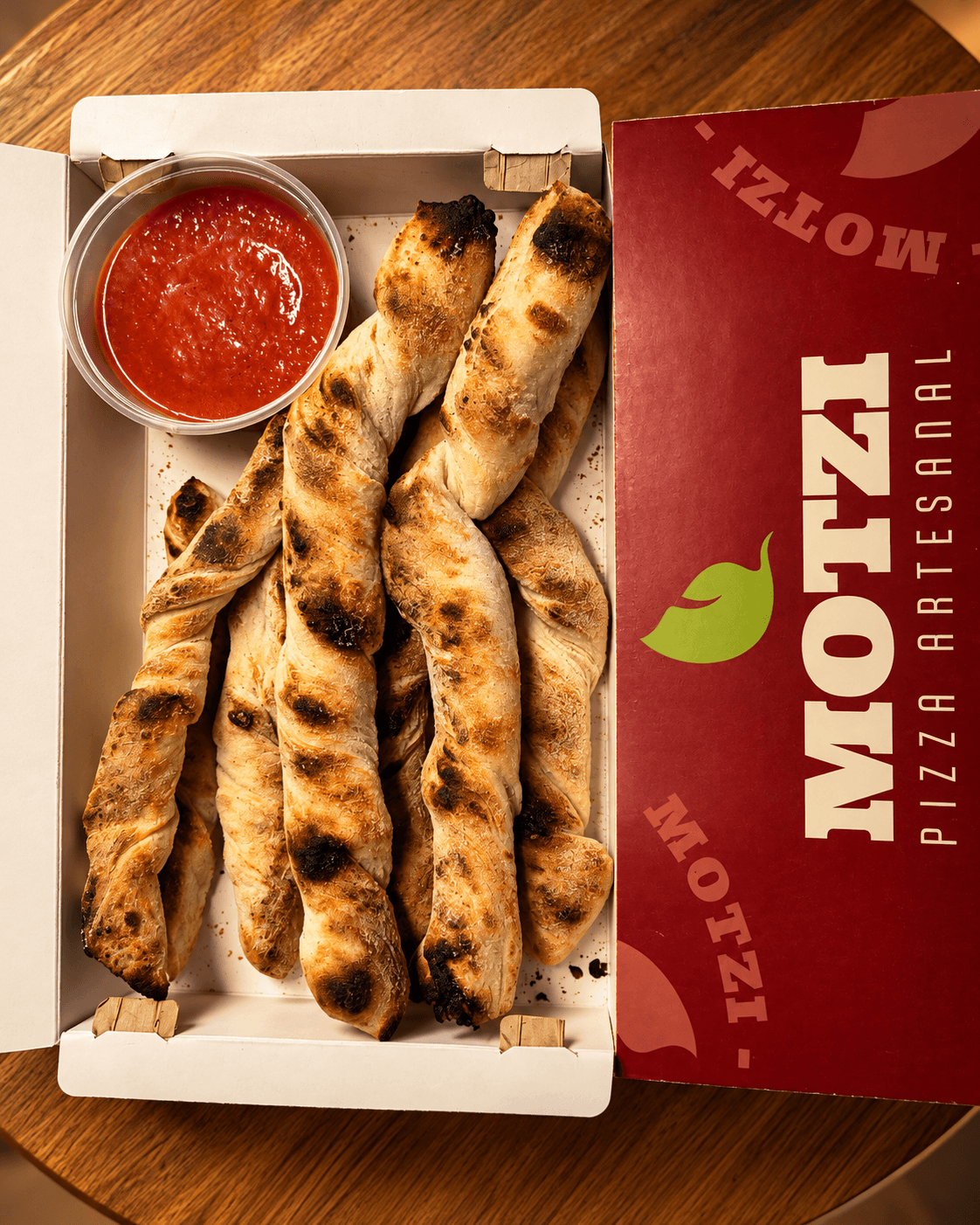 Motzi Pizza Sticks vista de cima.