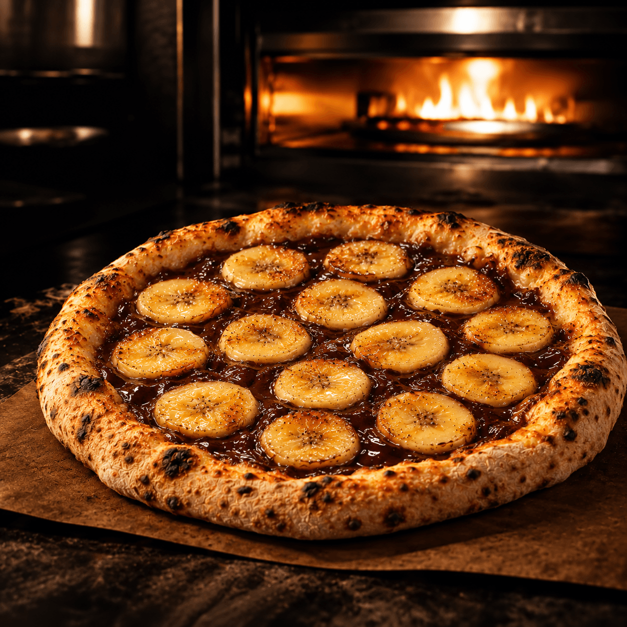 Pizza Napoletana Banana Chocolate vista de cima.